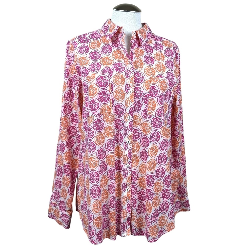 Foxcroft NYC Pink Orange Citrus Fruit Print Wrinkle Free Cotton Shirt Womens 14